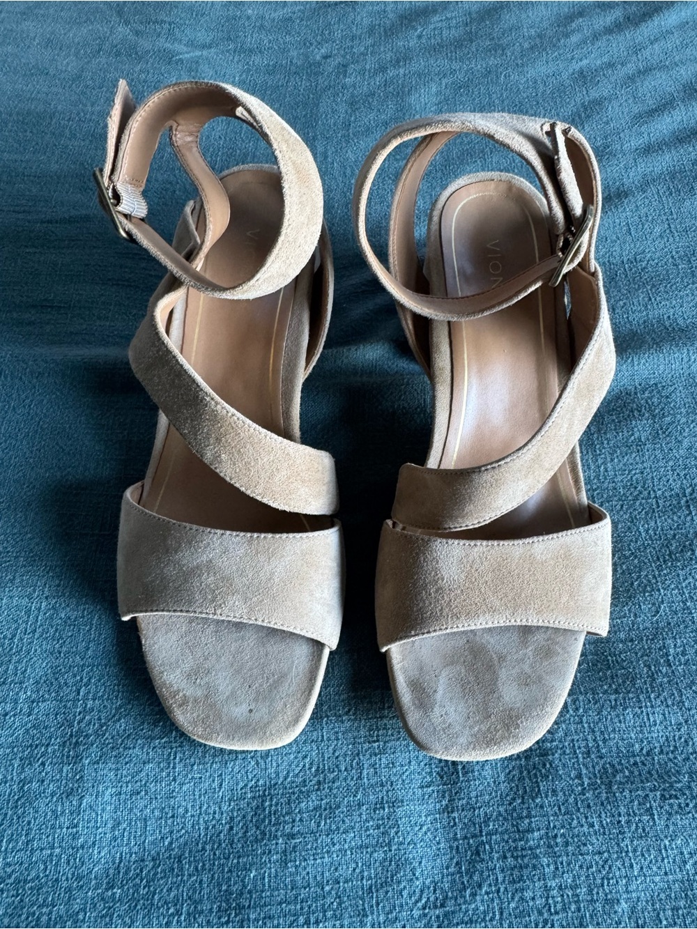 Vionic Beige Suede Crisscross Ankle-Strap Block Heels